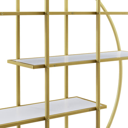 70.8 Inch Round Office Bookcase Bookshelf, Display Shelf, Two Drawers, Gold Frame - 7DAY'S
