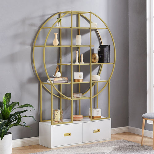 70.8 Inch Round Office Bookcase Bookshelf, Display Shelf, Two Drawers, Gold Frame - 7DAY'S
