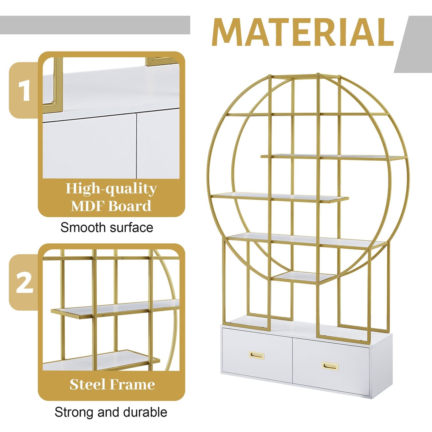 70.8 Inch Round Office Bookcase Bookshelf, Display Shelf, Two Drawers, Gold Frame - 7DAY'S