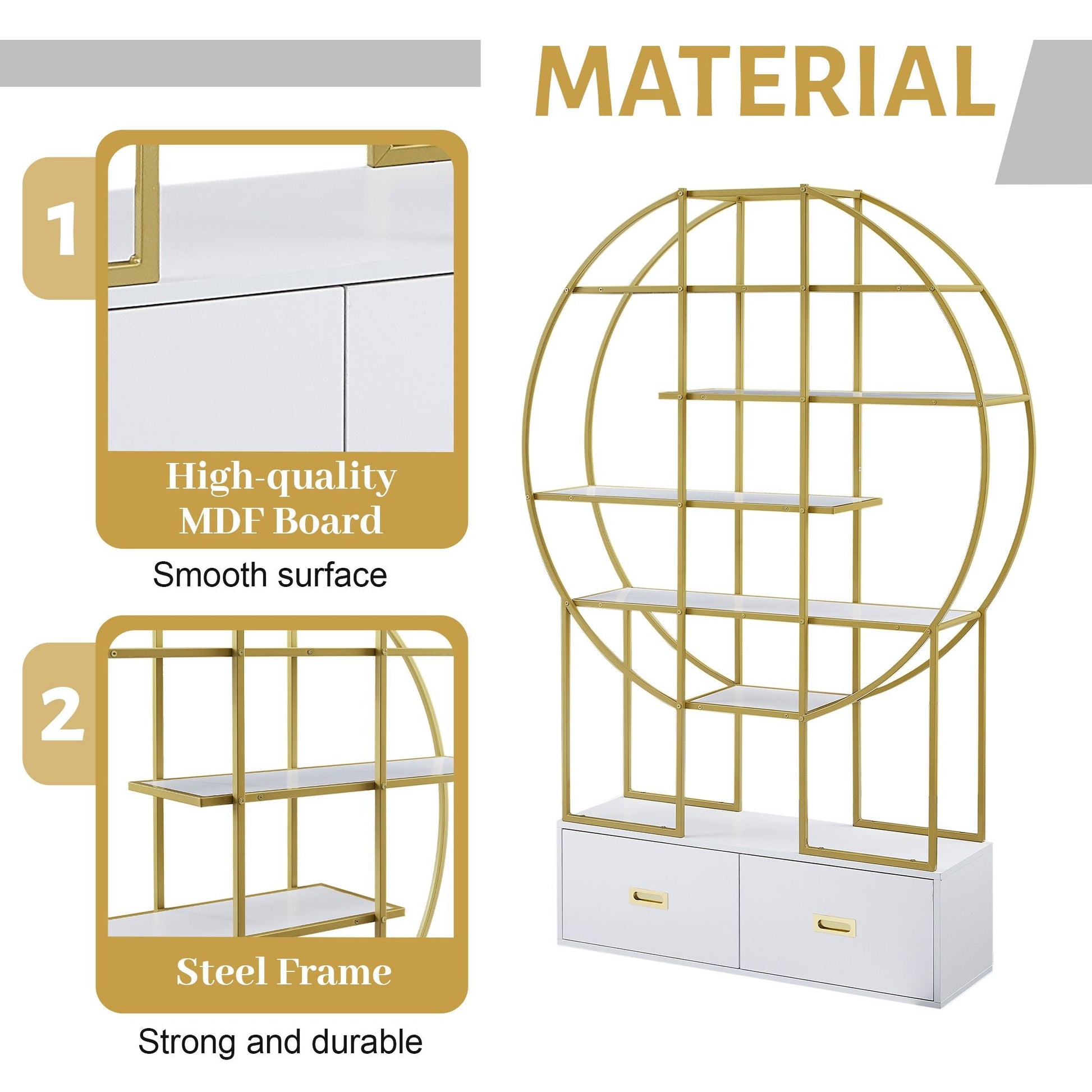70.8 Inch Round Office Bookcase Bookshelf, Display Shelf, Two Drawers, Gold Frame - 7DAY'S