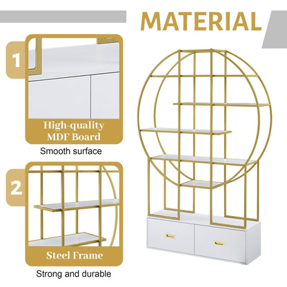 70.8 Inch Round Office Bookcase Bookshelf, Display Shelf, Two Drawers, Gold Frame - 7DAY'S