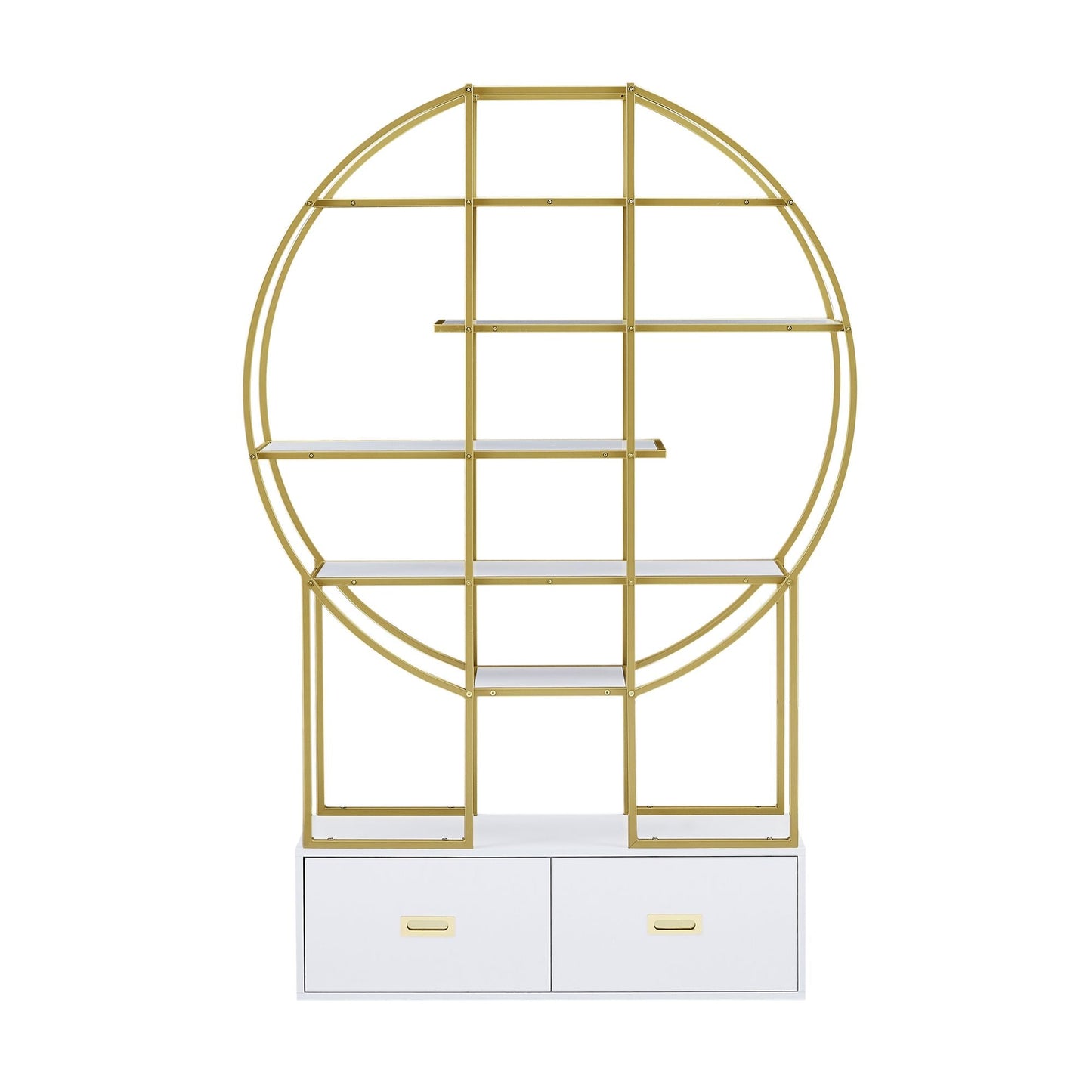70.8 Inch Round Office Bookcase Bookshelf, Display Shelf, Two Drawers, Gold Frame - 7DAY'S