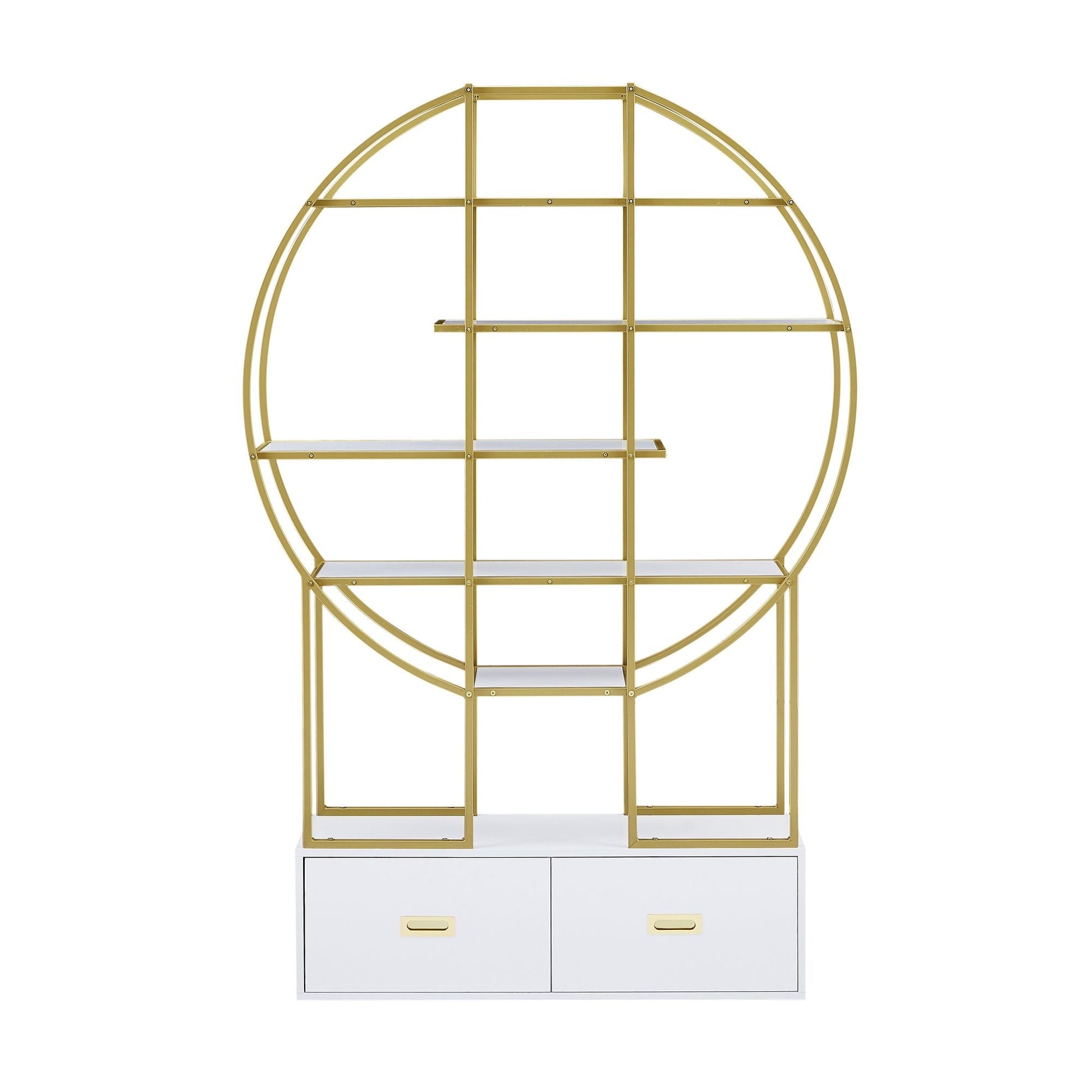 70.8 Inch Round Office Bookcase Bookshelf, Display Shelf, Two Drawers, Gold Frame - 7DAY'S