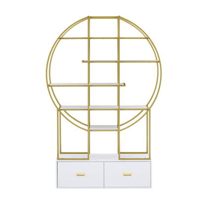 70.8 Inch Round Office Bookcase Bookshelf, Display Shelf, Two Drawers, Gold Frame - 7DAY'S