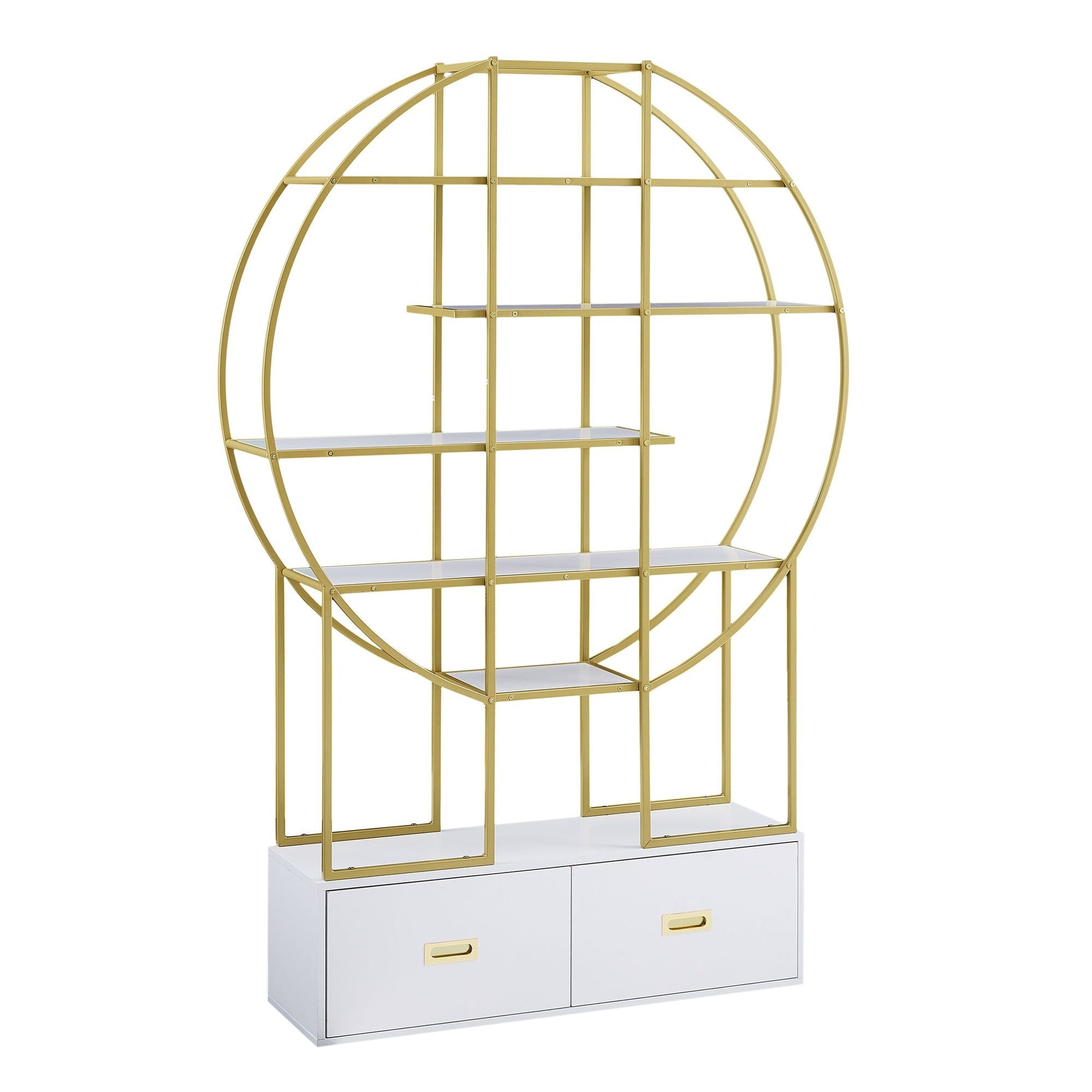 70.8 Inch Round Office Bookcase Bookshelf, Display Shelf, Two Drawers, Gold Frame - 7DAY'S
