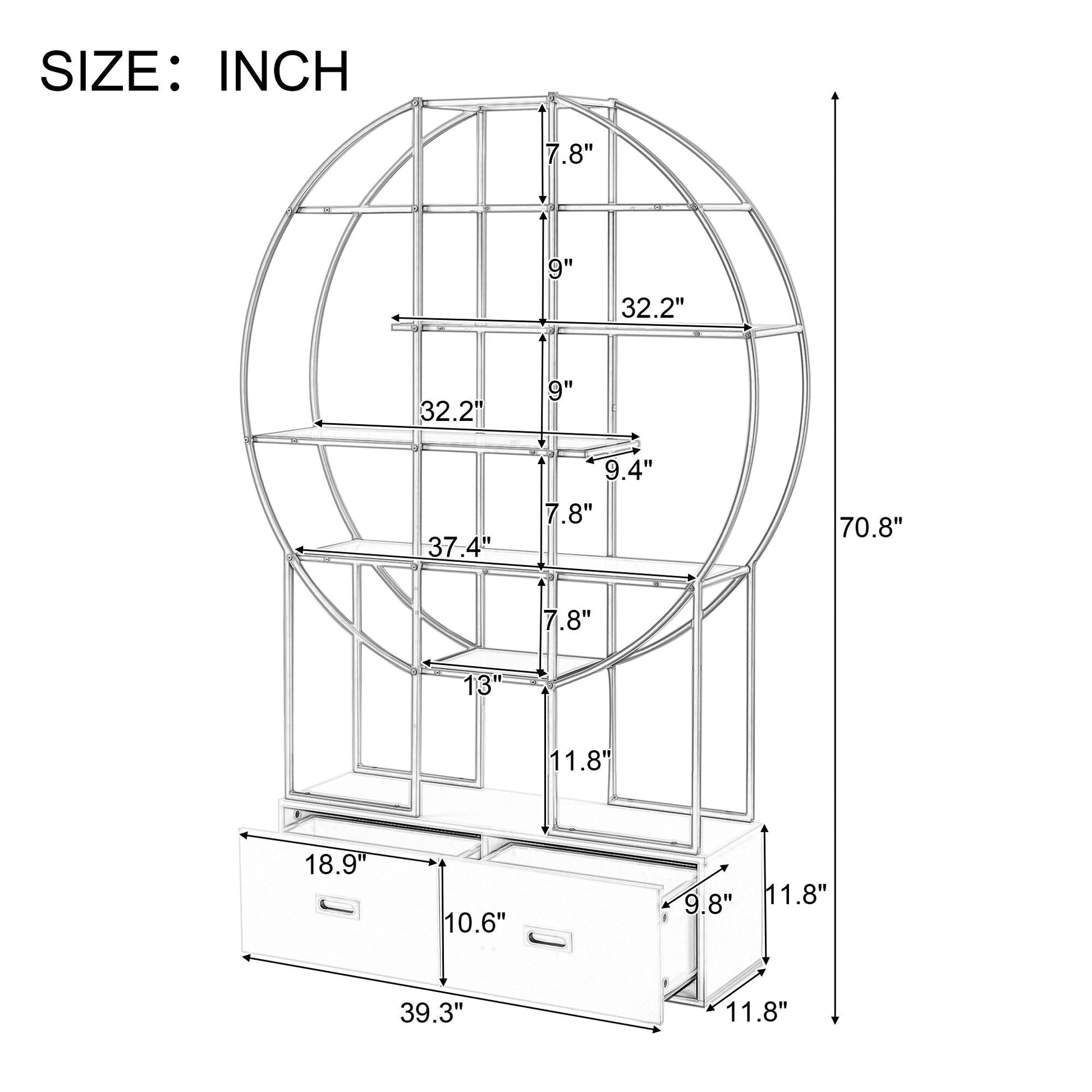 70.8 Inch Round Office Bookcase Bookshelf, Display Shelf, Two Drawers, Gold Frame - 7DAY'S