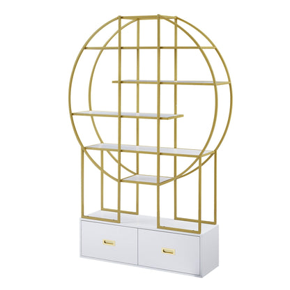 70.8 Inch Round Office Bookcase Bookshelf, Display Shelf, Two Drawers, Gold Frame - 7DAY'S