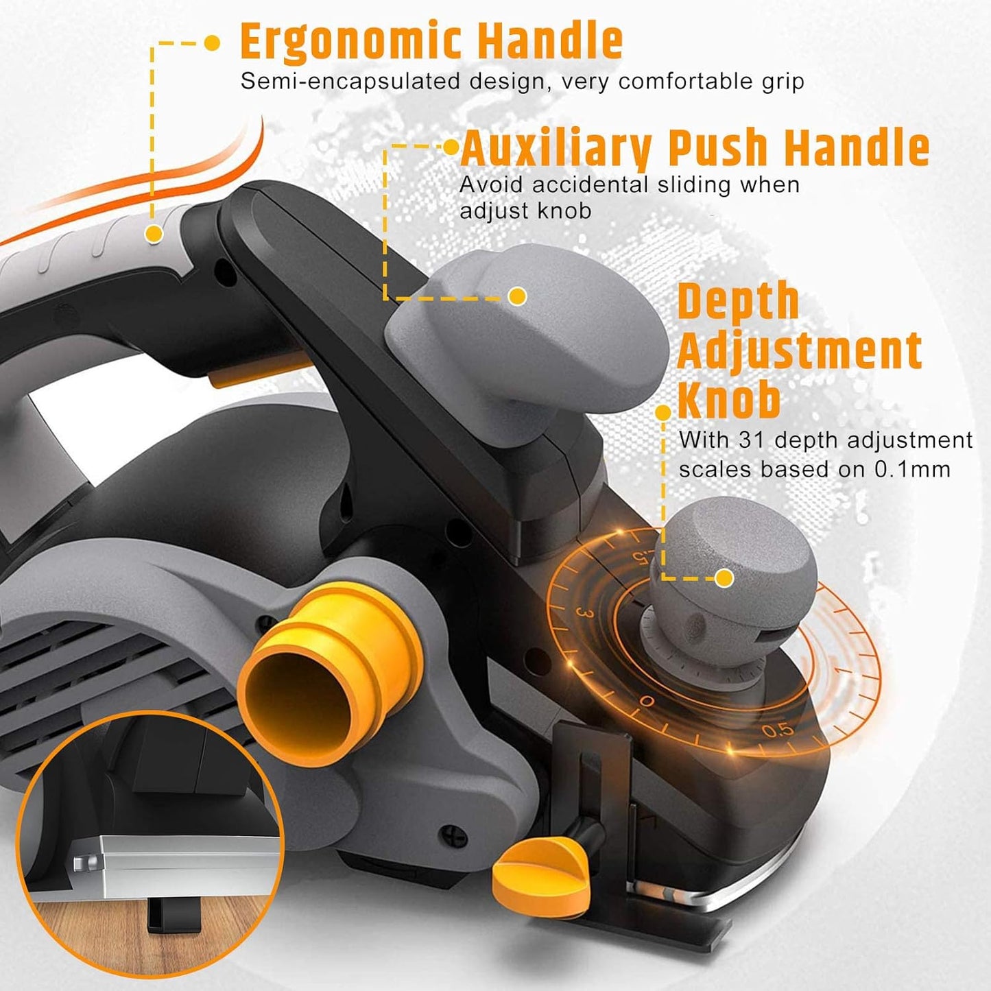 Jellas Electric Planer, 7.5-Amp 16500 Rpm Power Hand Planer, 3-1/4 Inch Cut Width, Dual-dust out System, Dual-handle Design, Blade Protector, 2 Reversible HSS Blades and 2 Carbon Brushes, EP01