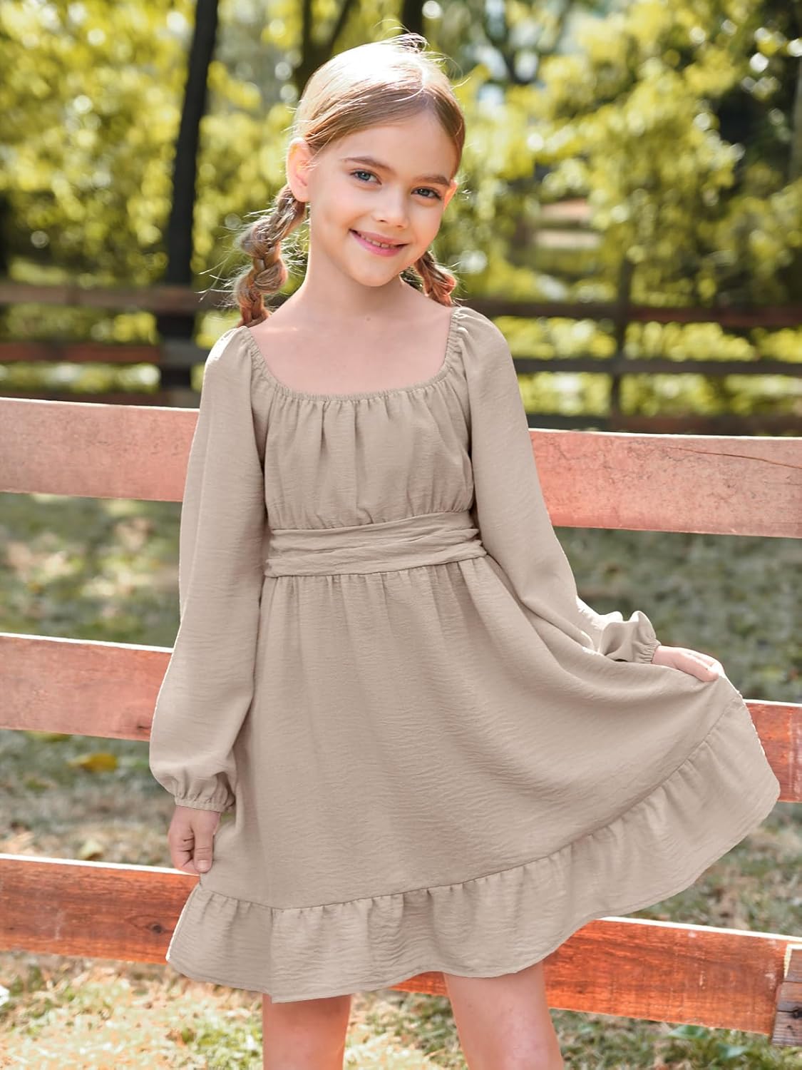 Batermoon Girls Long Sleeve Tie Back Dress Kids Fall Square Neck A-Line Mini Dresses 5-14 Years