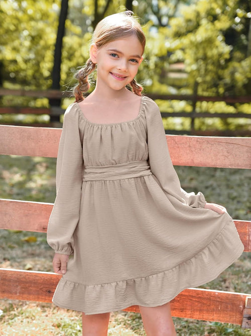 Batermoon Girls Long Sleeve Tie Back Dress Kids Fall Square Neck A-Line Mini Dresses 5-14 Years