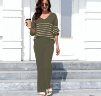 ETCYY NEW Womens 2 Piece Outfits Sweater Lounge Set Casual V Neck Knit Pajama Set Long Sleeve Top Wide Leg Pants Loungewear