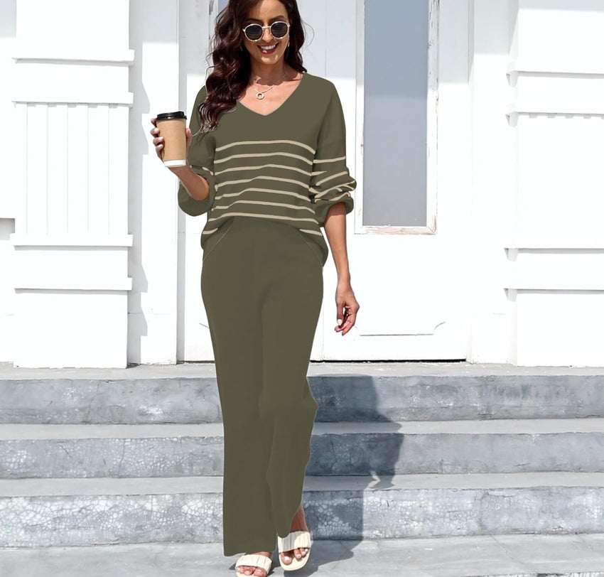 ETCYY NEW Womens 2 Piece Outfits Sweater Lounge Set Casual V Neck Knit Pajama Set Long Sleeve Top Wide Leg Pants Loungewear