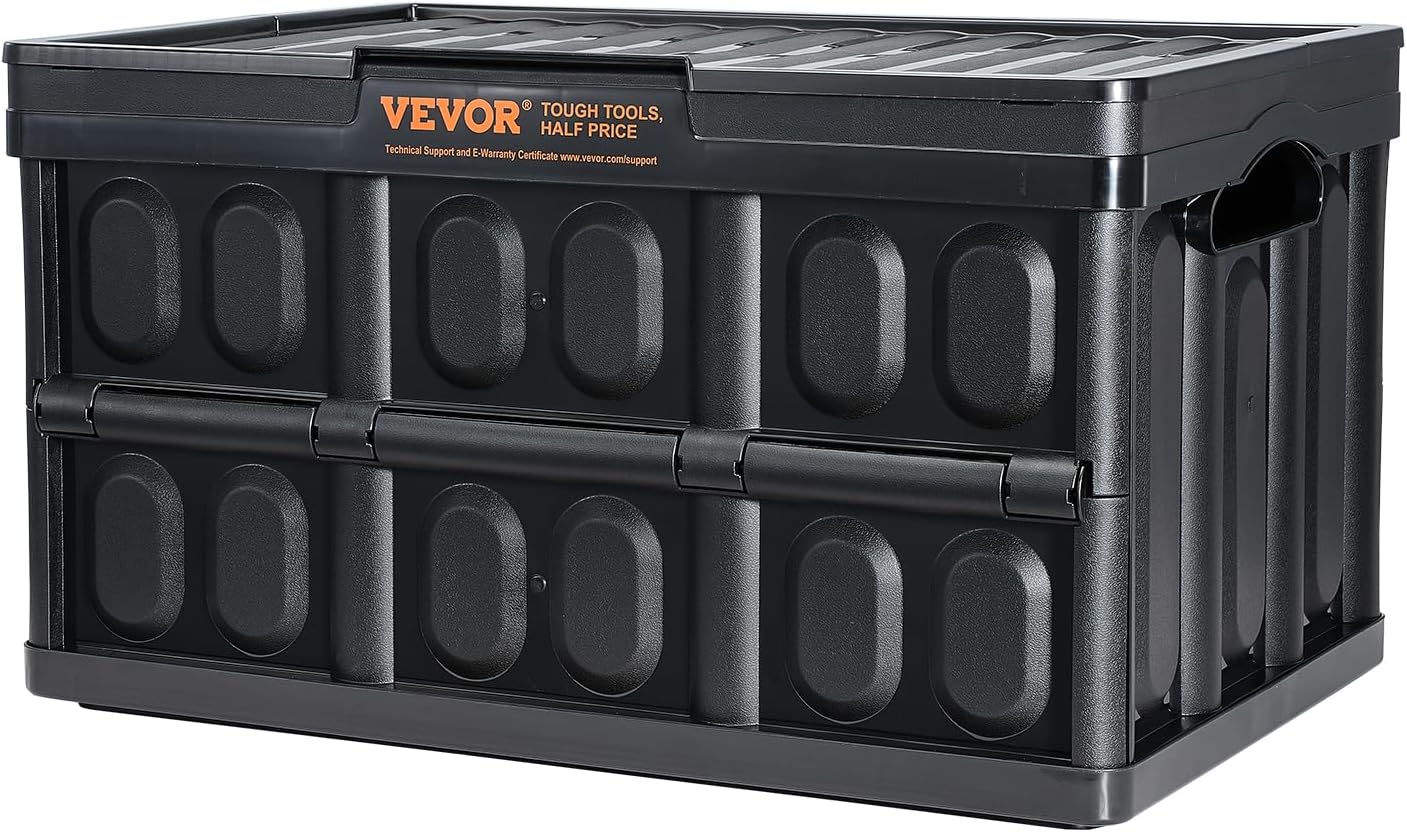 VEVOR 45L Collapsible Storage Bins with Lids 3 Packs, Stackable Utility Crates with Handles, Large Folding Containers for Organizing Tools, Snacks, Books, Food, Drinks, Camping & Transport