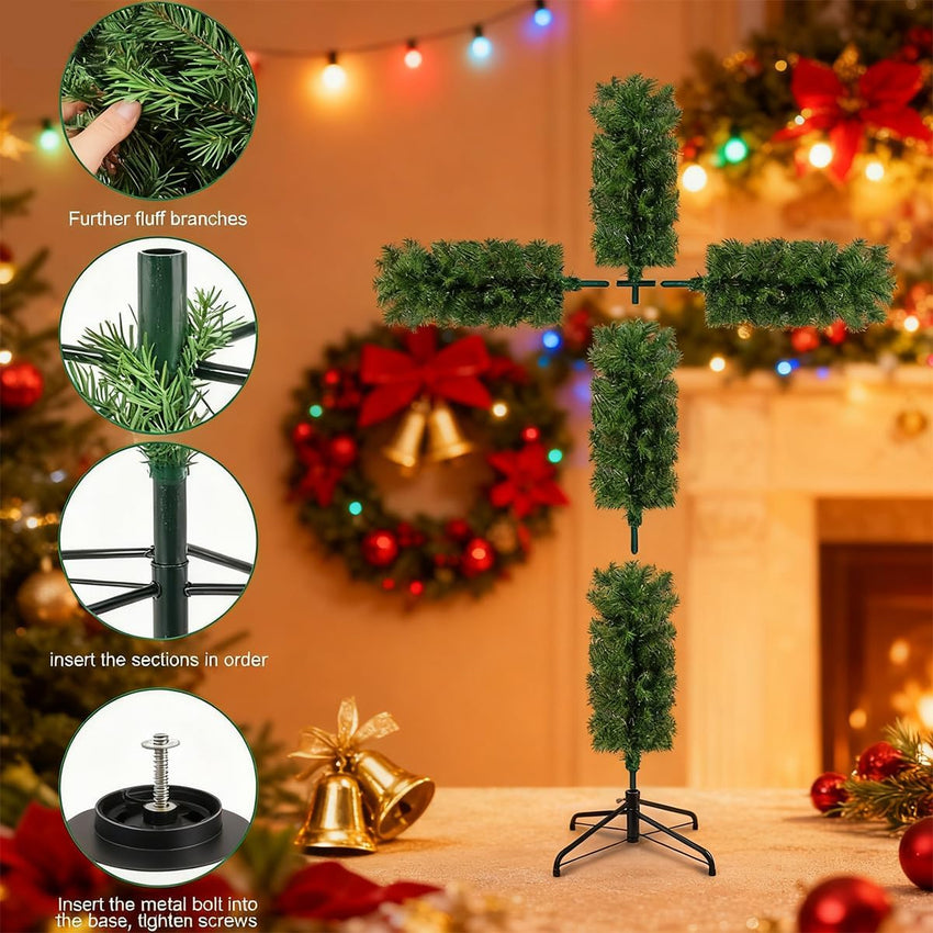 Christmas Tree Shaped Like a Cross, Foldable Cross Christmas Tree, Pre-Lit Artificial Pine Christmas Cross, with Light String, White Scarves and Wooden Rattan Ring, Large Christmas Decorations(5ft)
