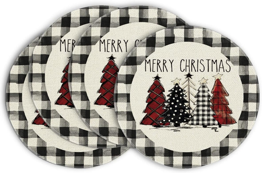 Artoid Mode Waterclor Buffalo Plaid Christmas Trees Placemats Set of 4, 12x18 Inch Winter Table Mats for Outdoor Home Party Kitchen Dining Decor