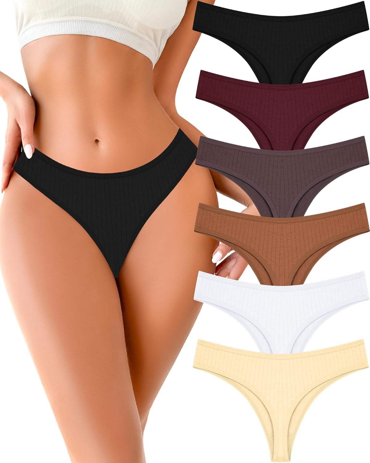 FINETOO Cotton Thongs for Women Soft Low Rise Sexy Thong Ladies Panties Womens Underwear 6 Pack S-XXXL
