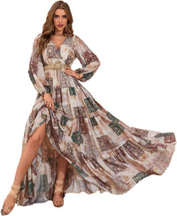 Summer Casual Dresses for Women 2024 Spring Fashion Boho V Neck Long Sleeve Ruffle Floral Print Elegant Maxi Dress