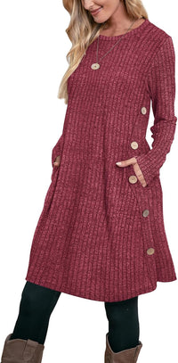 OFEEFAN Fall and Winter Tunic Dress with Pockets Long Sleeve Crew Neck Buttons Side