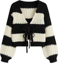 CIDER Striped Sweater Women V Neck Tie Front Knit Cardigan Oversized Trendy Sweaters for Women Fall