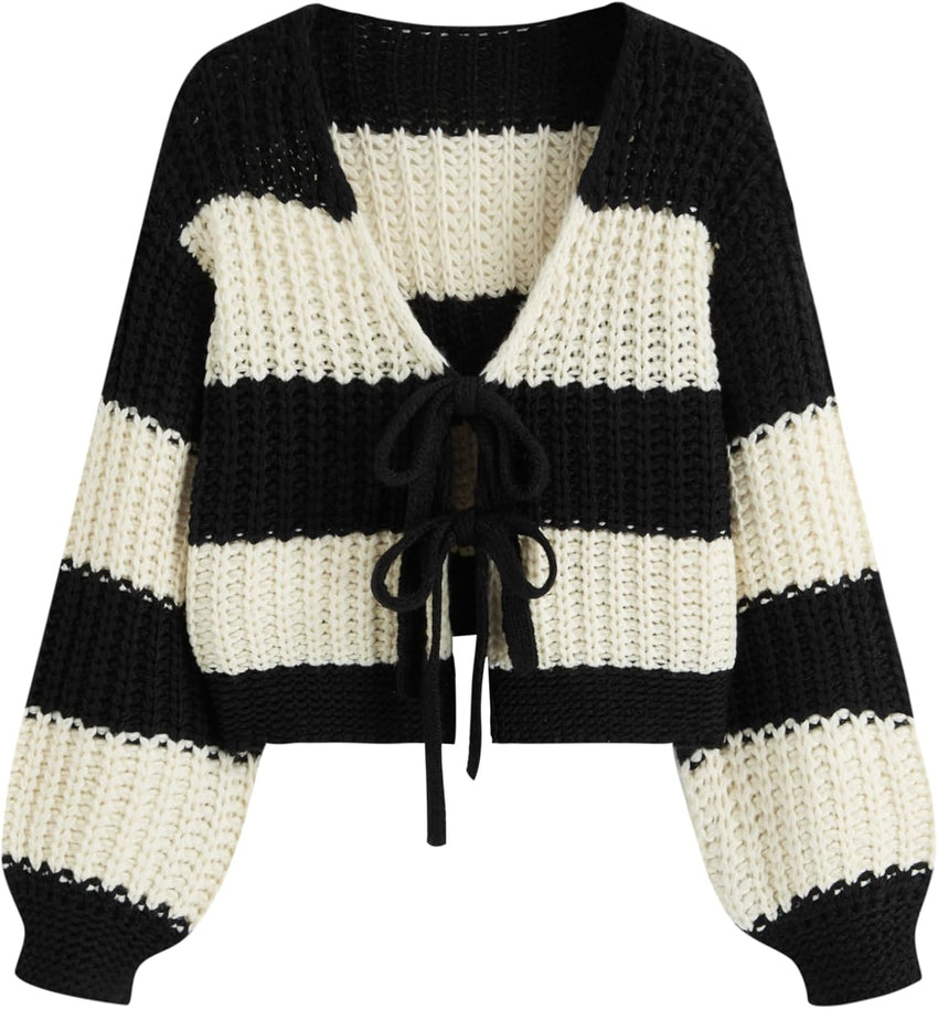 CIDER Striped Sweater Women V Neck Tie Front Knit Cardigan Oversized Trendy Sweaters for Women Fall