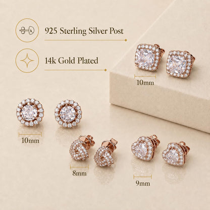 ZELORES 4 Pairs Sterling Silver 5A CZ Stud Earrings for Women 14K Gold Plated Brilliant Celtic Heart Big Stud Earrings Set Cubic Zirconia Earrings Studs for Sensitive Ear