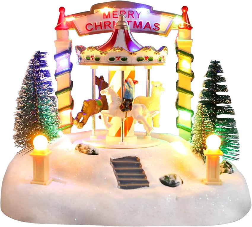 Bdor Christmas Village Lighted Decoration Musical Animated Display Christmas Collectible Santa Battery Operated Resin Indoor Decor