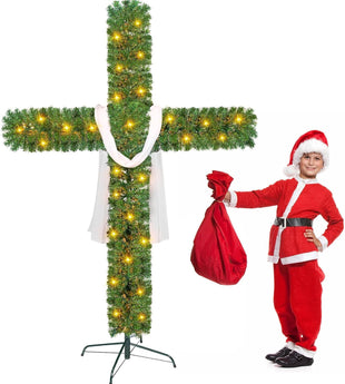 6 Ft Christmas Cross Tree with 100 Lights and a White Silk Scarf Christmas Christian Decorations Indoor Jesus Christ Catholic Cross Decor He is Risen for Home Decor