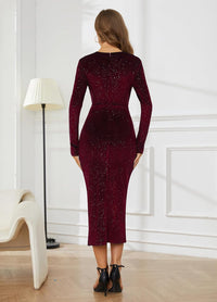 V Neck Long Sleeve Velvet Bodycon Midi Dress Glitter Ruched Formal Cocktail Party Dresses
