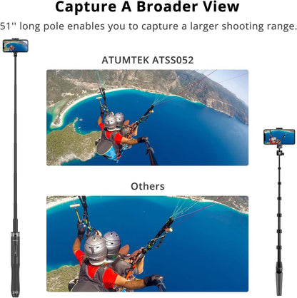 ATUMTEK 51" Selfie Stick Tripod, All in One Extendable Phone Tripod Stand with Bluetooth Remote 360° Rotation for iPhone and Android Phone Selfies, Video Recording, Vlogging, Live Streaming, Black