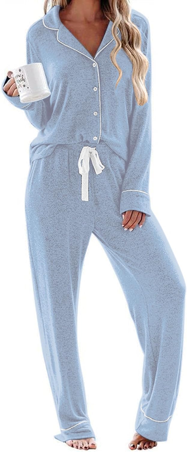 Ekouaer Women's Pajamas Long Sleeve Sleepwear Casual Button Down Loungewear Soft Pjs Set S-XXL