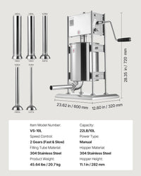 VEVOR Manual Sausage Stuffer, 22 LBS / 10 L Vertical Meat Stuffer, Dual-Speed Sausage Casing Meat Filling Machine, Stainless Steel Heavy Duty Filler with 5 Stuffing Tubes, for Commercial & Home Use
