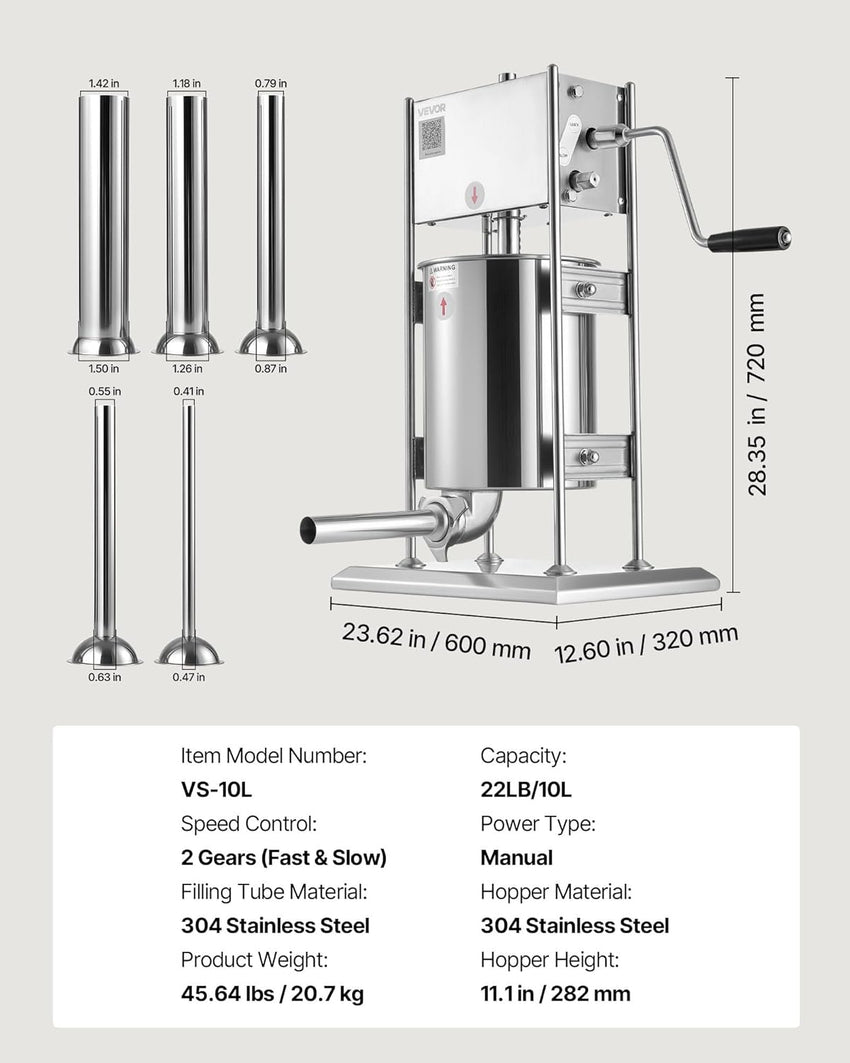 VEVOR Manual Sausage Stuffer, 22 LBS / 10 L Vertical Meat Stuffer, Dual-Speed Sausage Casing Meat Filling Machine, Stainless Steel Heavy Duty Filler with 5 Stuffing Tubes, for Commercial & Home Use