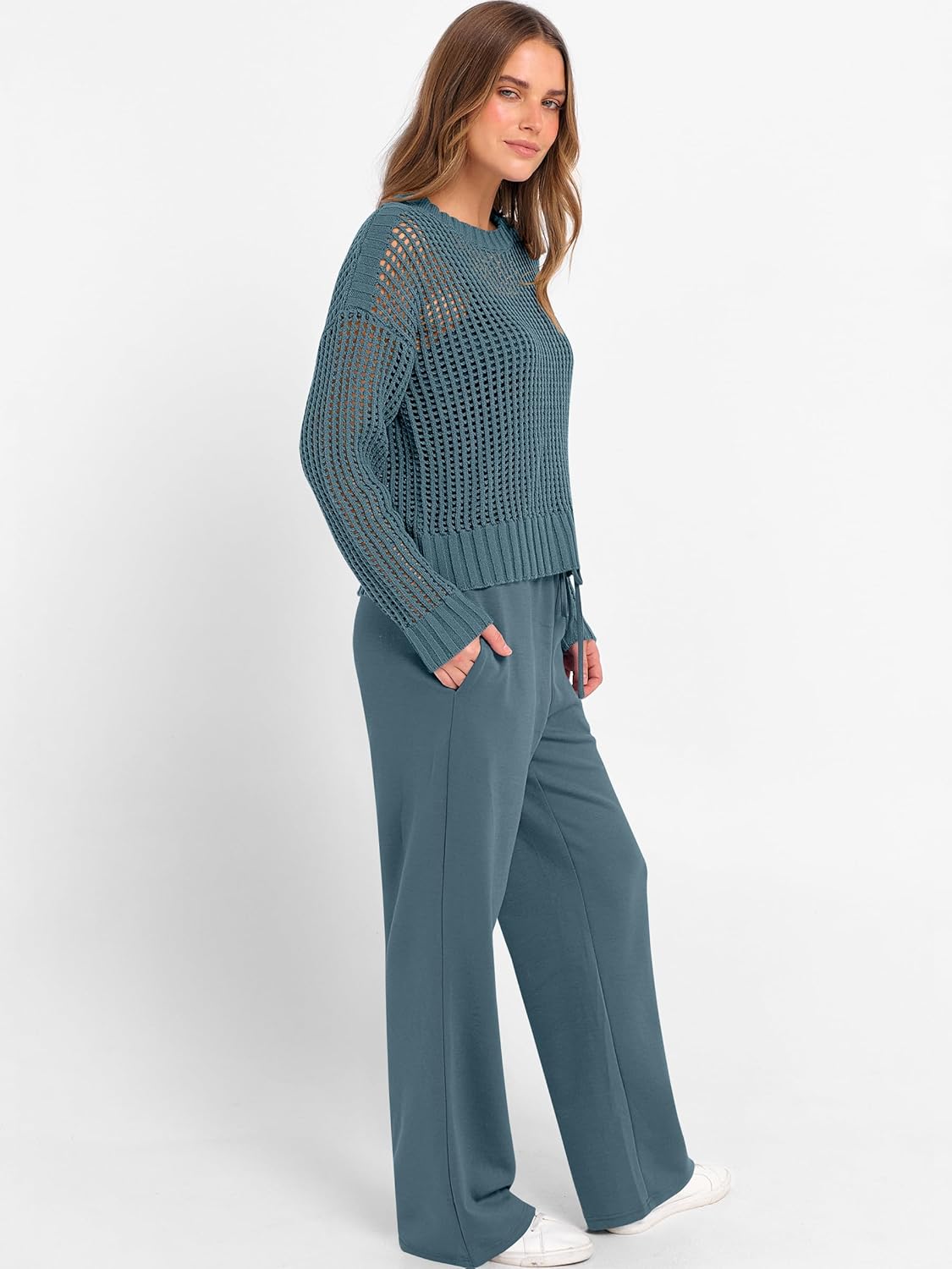 ANRABESS Womens 2 Piece Outfits Crochet Sheer Knit Sweater Top Wide Leg Pants Lounge Sets Sweatsuit 2025 Fall Travel Clothes