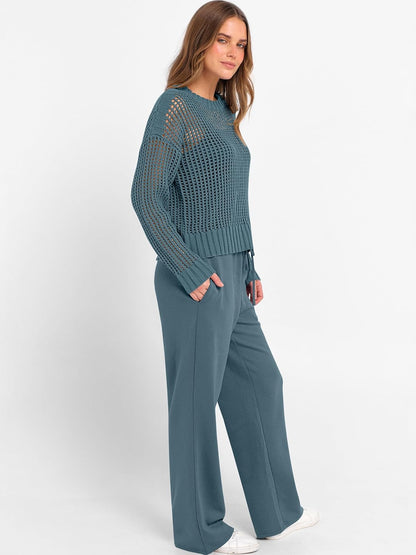 ANRABESS Womens 2 Piece Outfits Crochet Sheer Knit Sweater Top Wide Leg Pants Lounge Sets Sweatsuit 2025 Fall Travel Clothes