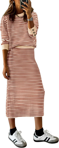 PRETTYGARDEN 2 Piece Skirts Sets For Women Fall Fashion 2025 Striped Sweater Dress Knit Lounge Travel Outfits Winter Clothing