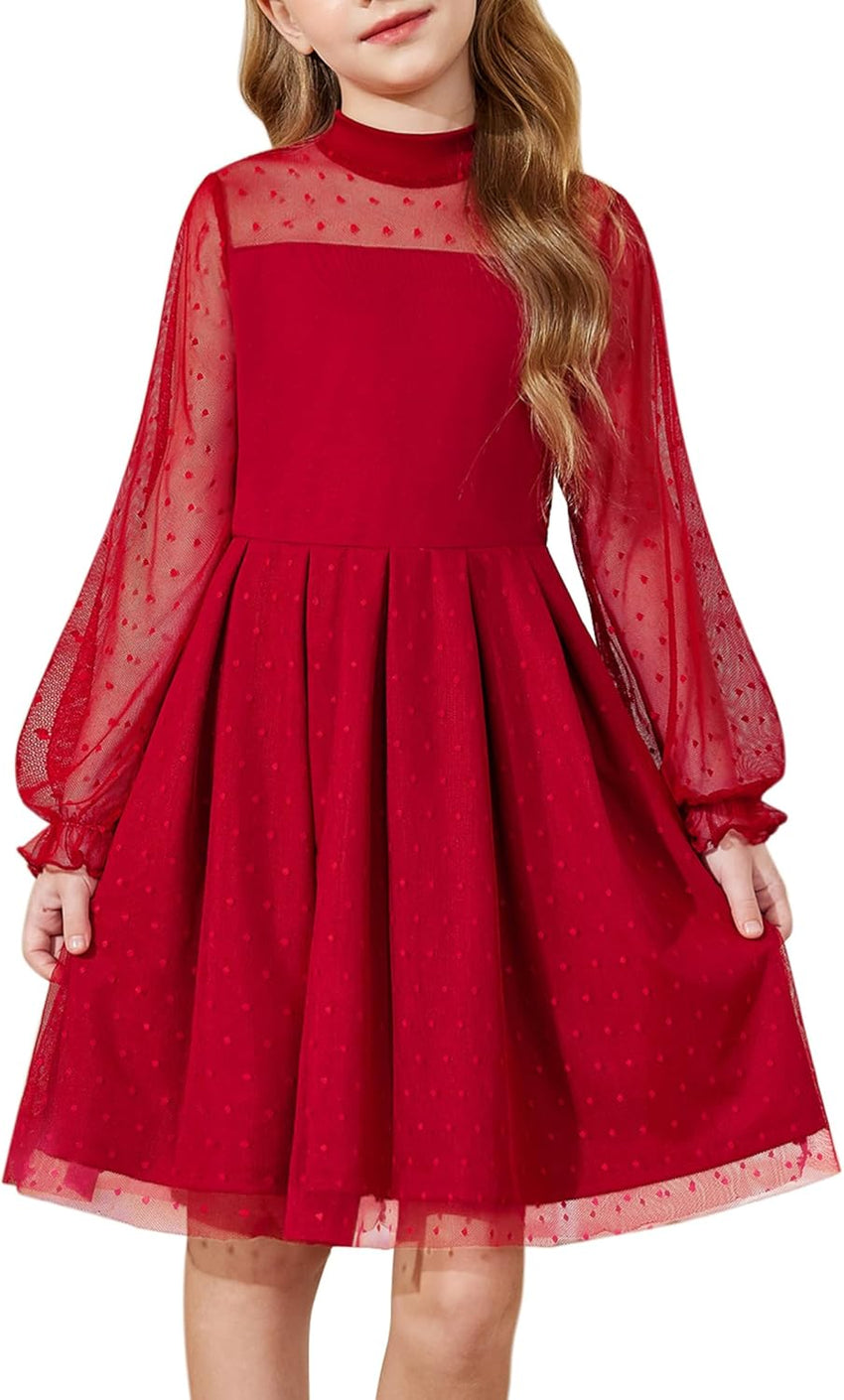 Arshiner Girls Dresses Contrast Mesh Puff Long Sleeve Mock Neck Formal Party A Line Short Tulle Dress