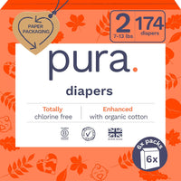 Pura Size 6 Eco-Friendly Diapers (29+ lbs) Hypoallergenic, Soft Organic Cotton, Sustainable, up to 12 Hours Leak Protection, Allergy UK, Recyclable Paper Packaging, 18 Count (Pack of 3) (54 Diapers)