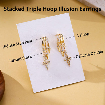 Gold Dangle Earrings for Women, 14k Gold Plated Stacked Triple Hoop Illusion Earrings Cubic Zirconia Huggie Earrings for Women Trendy