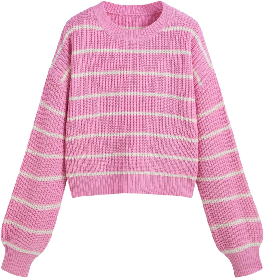 CIDER Women’s Cropped Striped Sweater Long Sleeve Crew Neck Trendy Pullover Tops