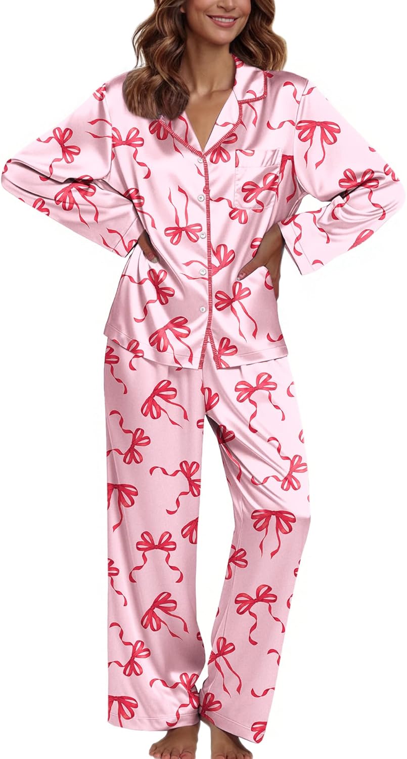 Ekouaer Pajamas For Women Set Silk Pjs 2 Piece Satin Sleepwear Long Sleeve Button Down Lounge Sets With Pant