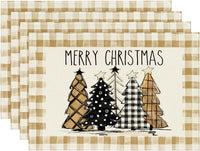 Artoid Mode Waterclor Buffalo Plaid Christmas Trees Placemats Set of 4, 12x18 Inch Winter Table Mats for Outdoor Home Party Kitchen Dining Decor