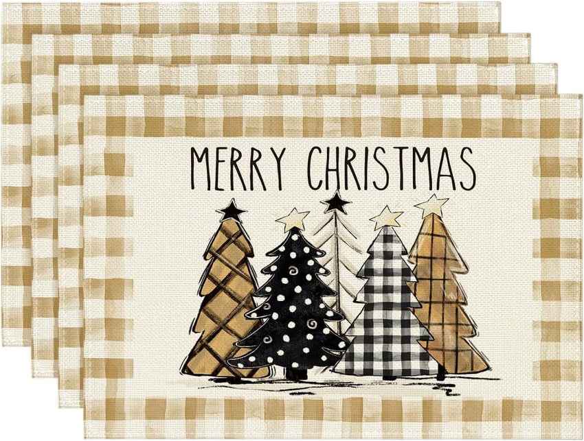 Artoid Mode Waterclor Buffalo Plaid Christmas Trees Placemats Set of 4, 12x18 Inch Winter Table Mats for Outdoor Home Party Kitchen Dining Decor