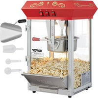 VEVOR Commercial Popcorn Machine, 8 Oz Kettle, 850 W Popcorn Maker on Wheels for 48 Cups per Batch, Theater Style Popper with 3-Switch Control Steel Frame Tempered Glass Doors Cart 1 Scoop 2 Spoons
