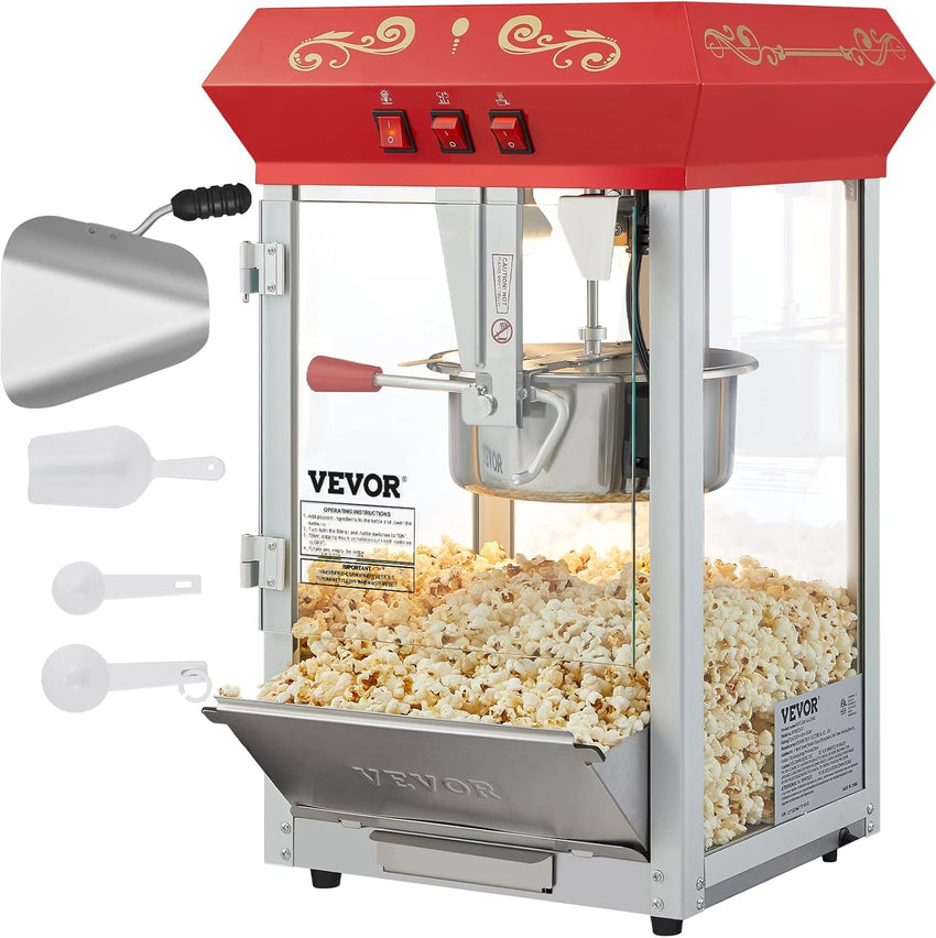 VEVOR Commercial Popcorn Machine, 8 Oz Kettle, 850 W Popcorn Maker on Wheels for 48 Cups per Batch, Theater Style Popper with 3-Switch Control Steel Frame Tempered Glass Doors Cart 1 Scoop 2 Spoons