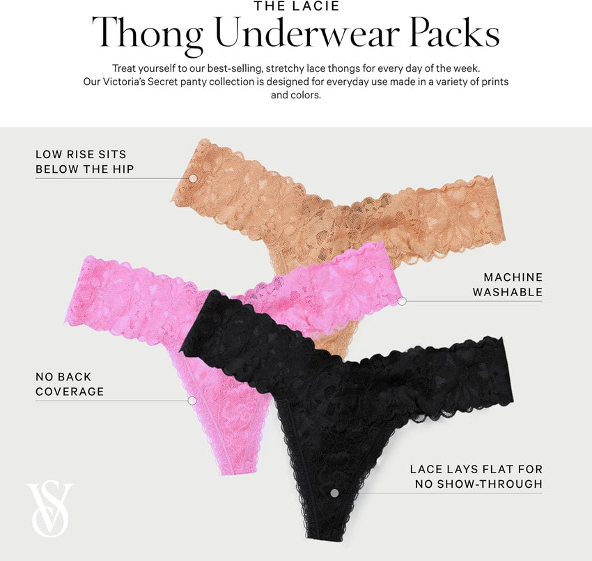 Victoria's Secret Women's Lace Thong Underwear, Panties for Women, Multi Pack (XS-XXL)
