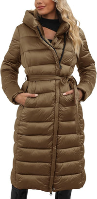 Bellivera Women's Puffer Jacket Lightweight Quilted Hooded Long Down Alternative Coat with Belt