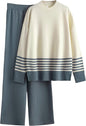 Women's 2 Piece Outfits Sweatsuit Knit Striped Pullover Top Wide Leg Pants Tracksuit Lounge Sets