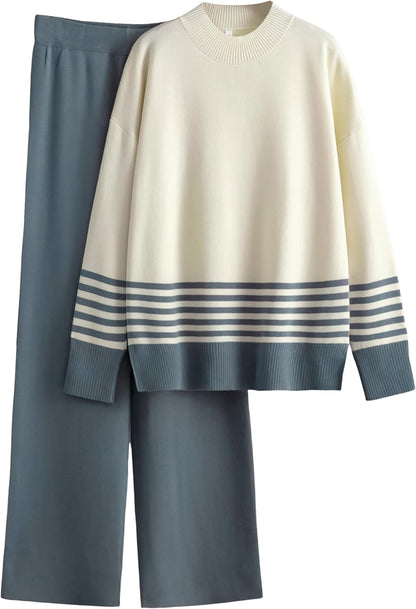 Women's 2 Piece Outfits Sweatsuit Knit Striped Pullover Top Wide Leg Pants Tracksuit Lounge Sets