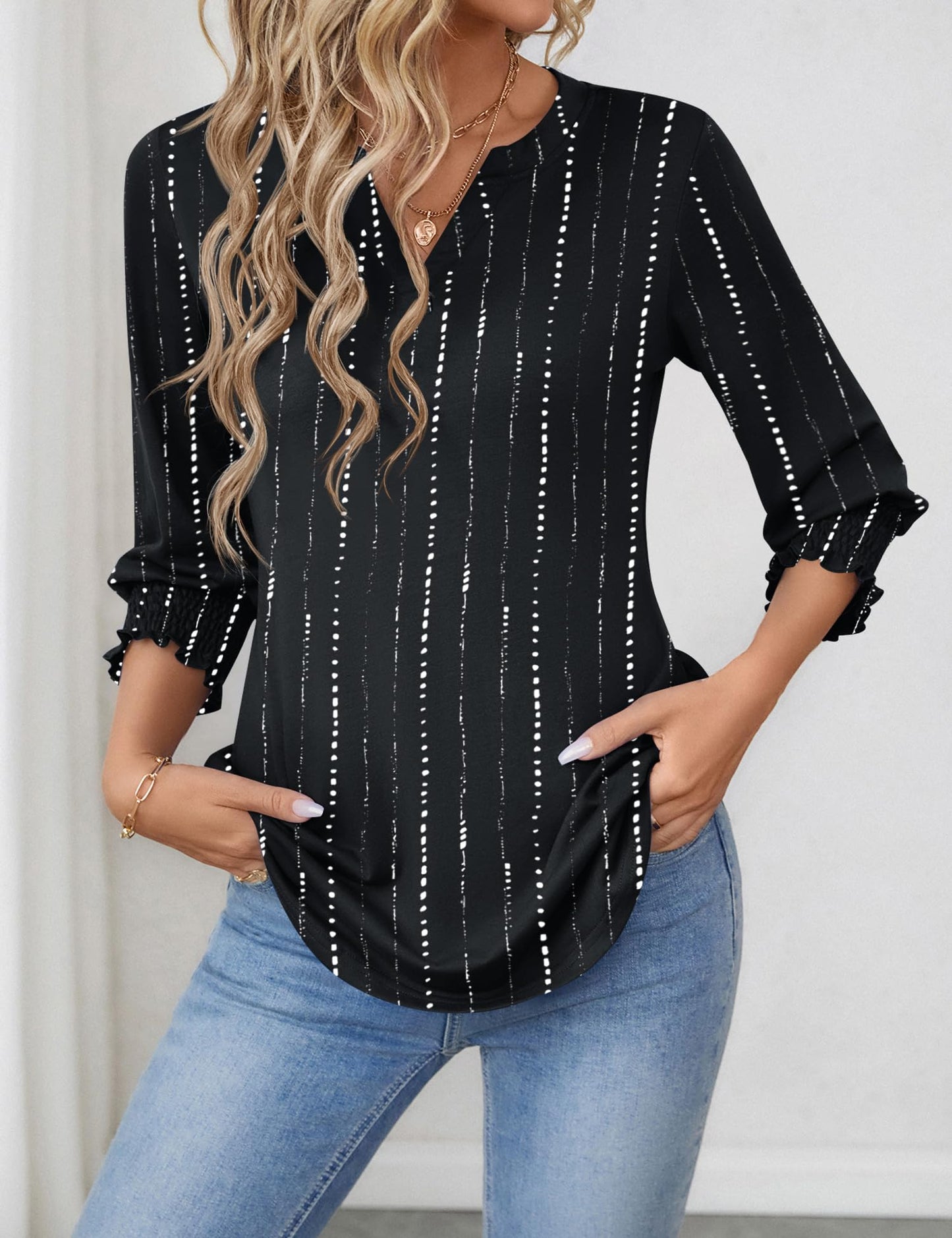 LOMON Blouses for Women Dressy Casual 3/4 Sleeve Tops for Women V Neck T Shirt Ladies Tops and Blouses Orange Blue Print L