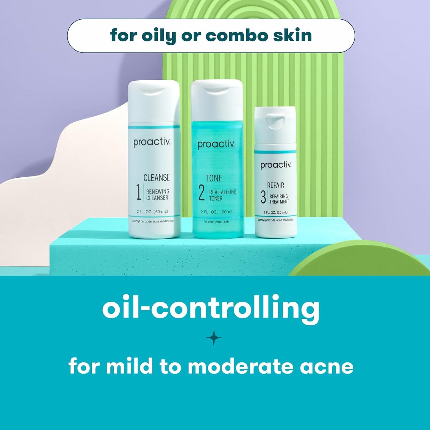 Proactiv 3 Step Acne Treatment - Benzoyl Peroxide Face Wash, Repairing Acne Spot Treatment for Face and Body, Exfoliating Toner - 30 Day Complete Acne Skin Care Kit